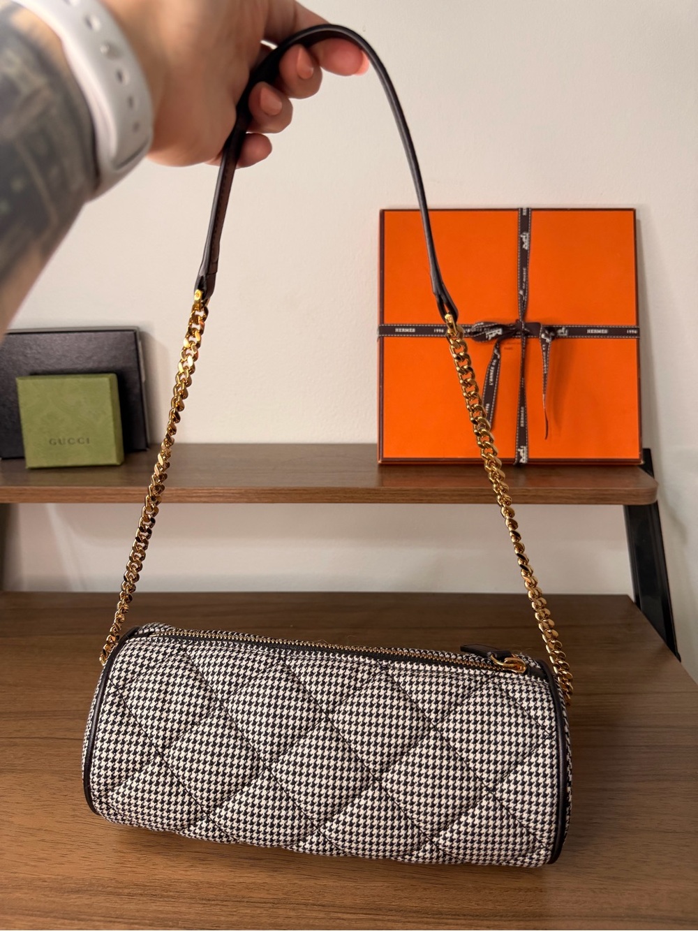 Versace Black & White Houndstooth Quilted Cylinder La Medusa Wool Shoulder Bag - Picture 4 of 12